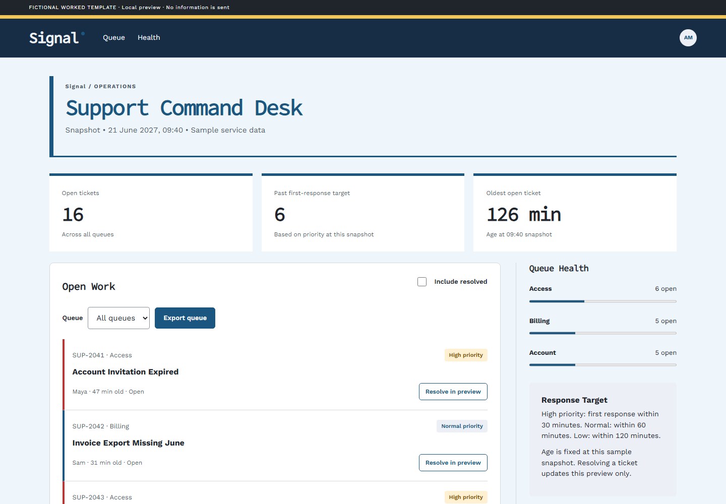 Support Command Desk — UI snapshot
