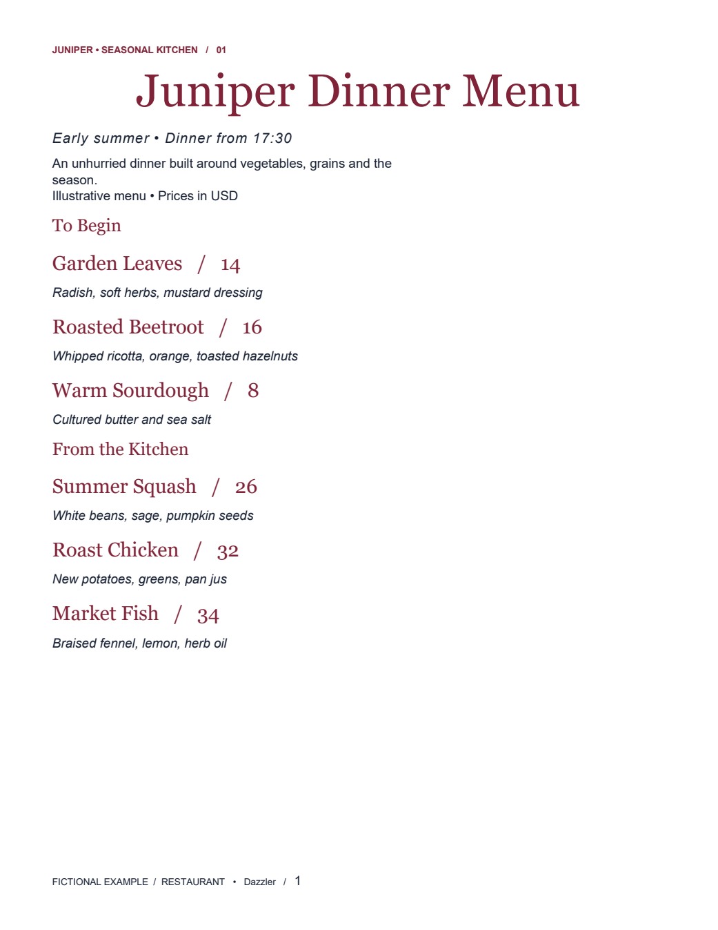 Juniper dinner menu page 1