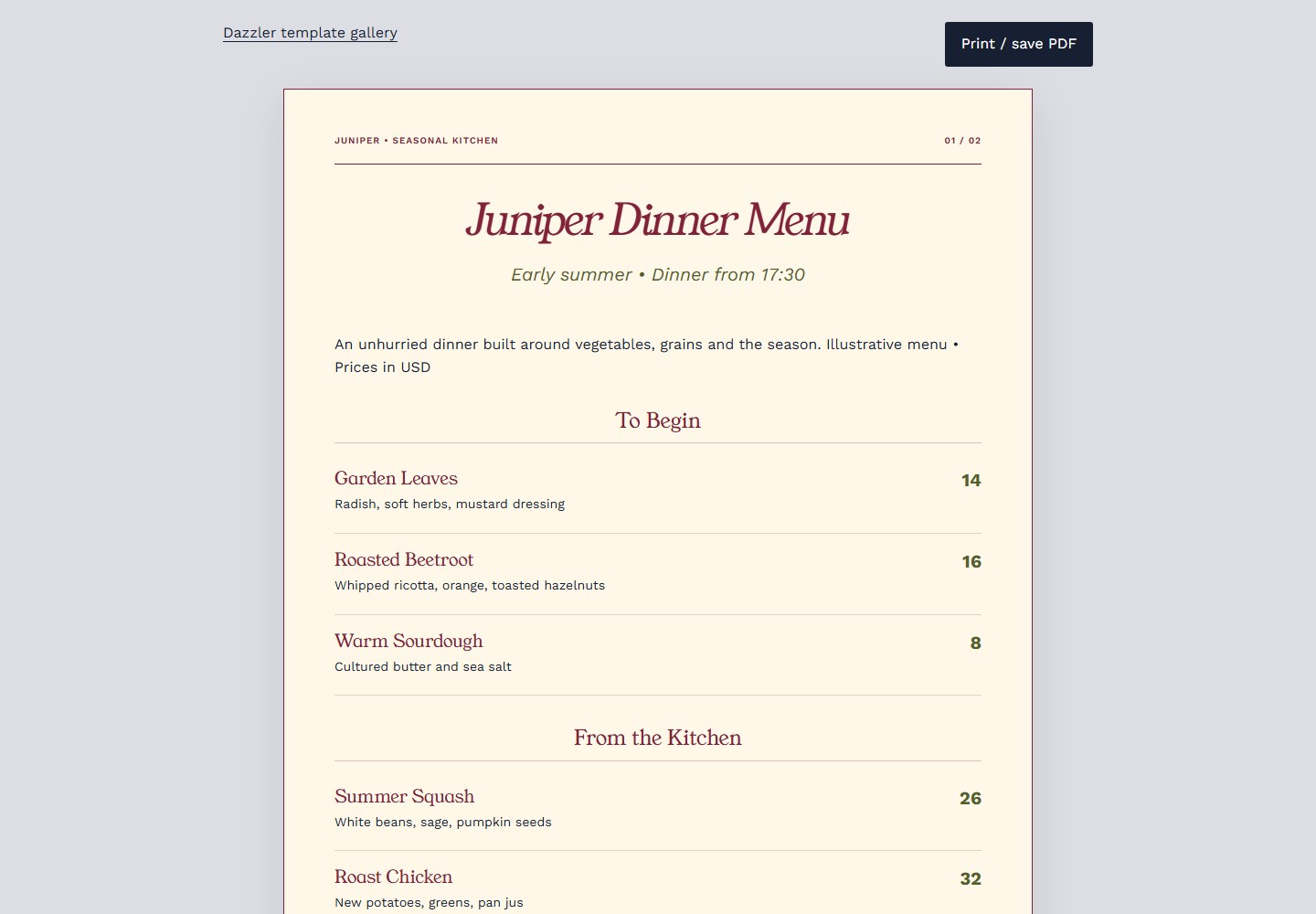 Juniper Dinner Menu — HTML snapshot