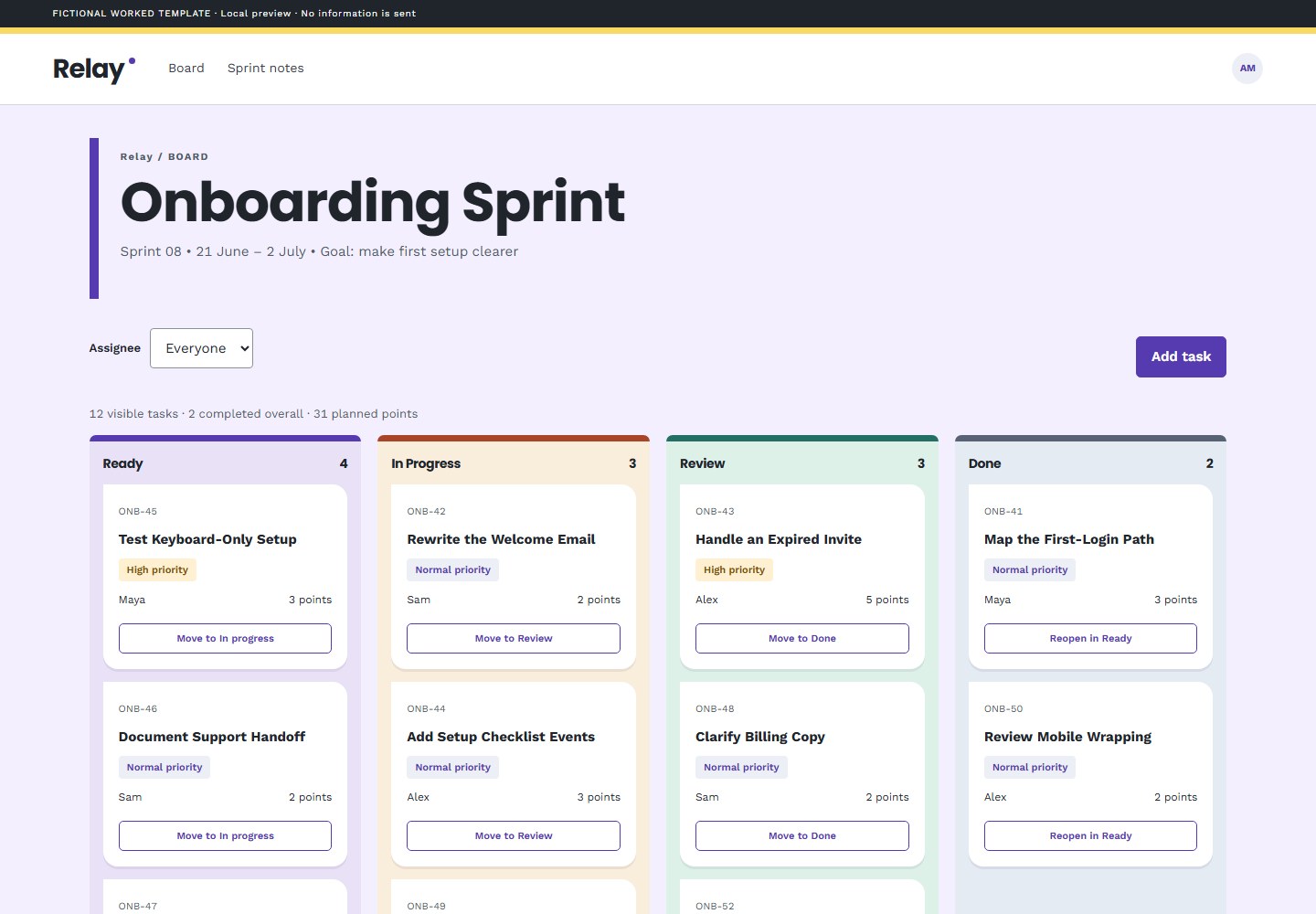 Onboarding Sprint — UI snapshot